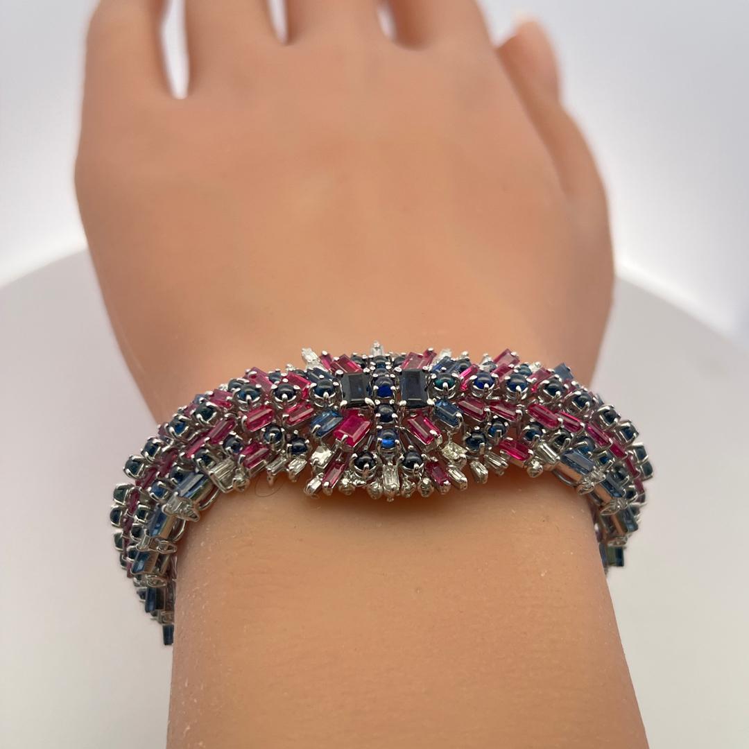 Estate 18K WG Link Bracelet with 1.88ct Diamonds 7.5ct Sapphire and 6ct Ruby