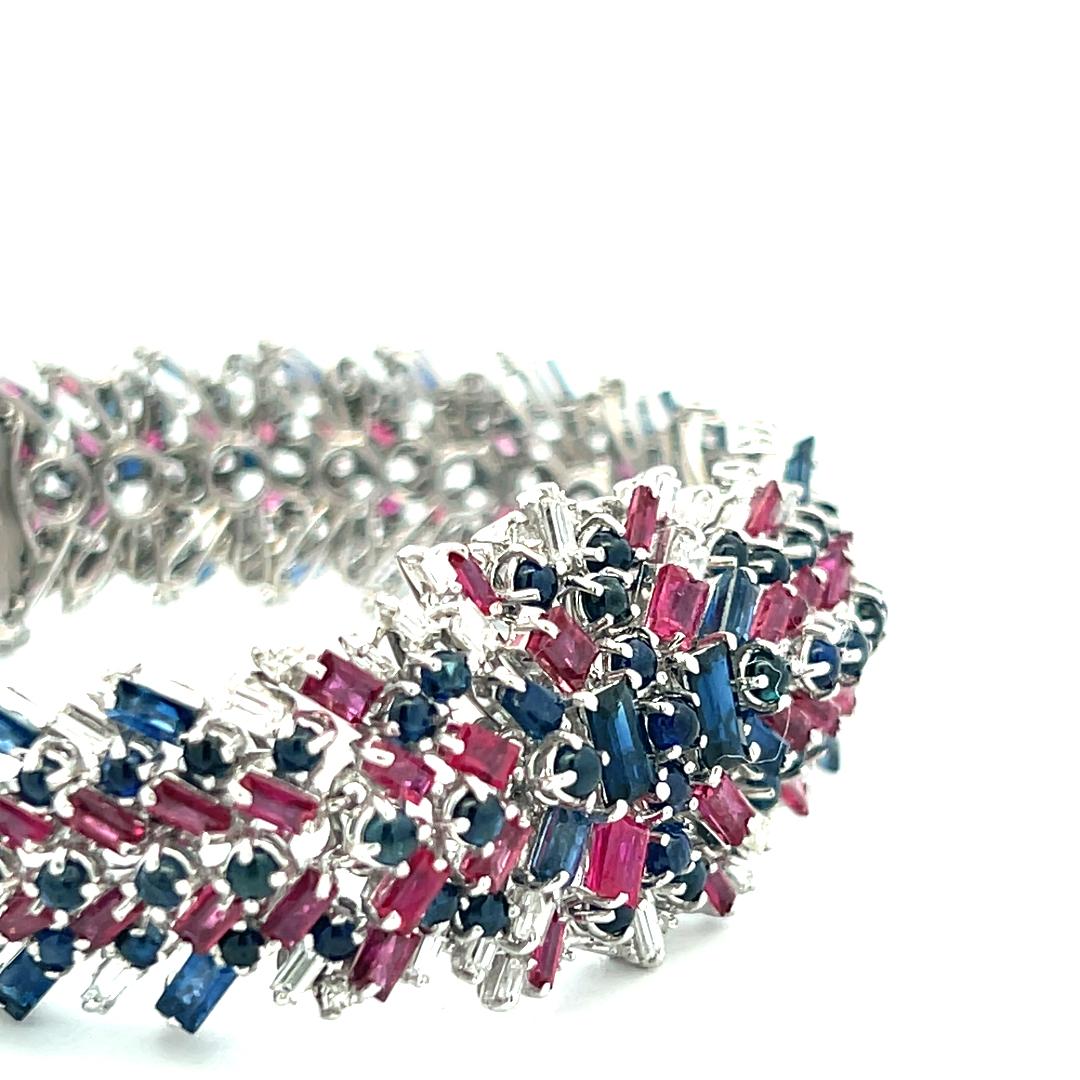 Estate 18K WG Link Bracelet with 1.88ct Diamonds 7.5ct Sapphire and 6ct Ruby