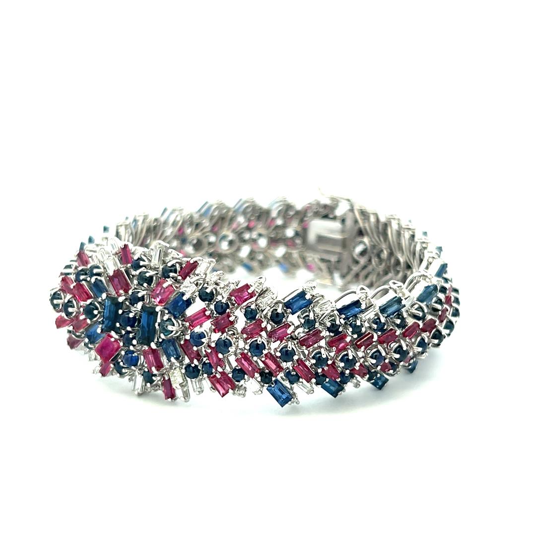 Estate 18K WG Link Bracelet with 1.88ct Diamonds 7.5ct Sapphire and 6ct Ruby