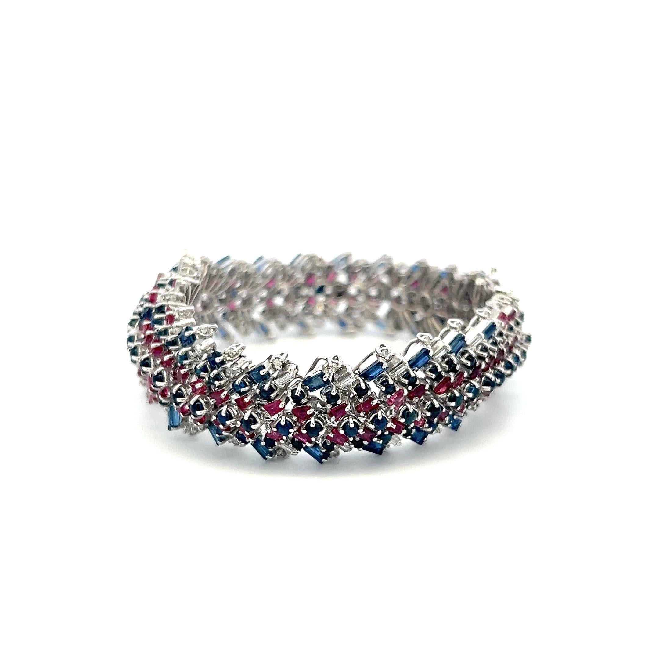 Estate 18K WG Link Bracelet with 1.88ct Diamonds 7.5ct Sapphire and 6ct Ruby
