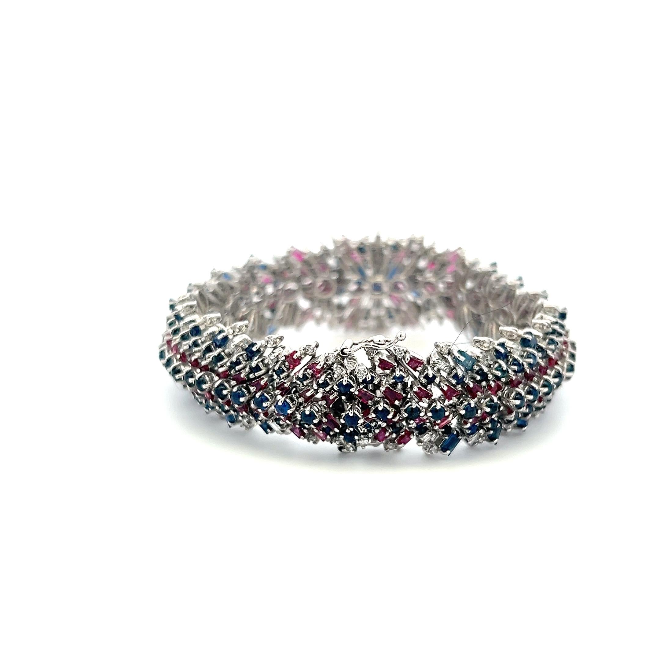 Estate 18K WG Link Bracelet with 1.88ct Diamonds 7.5ct Sapphire and 6ct Ruby