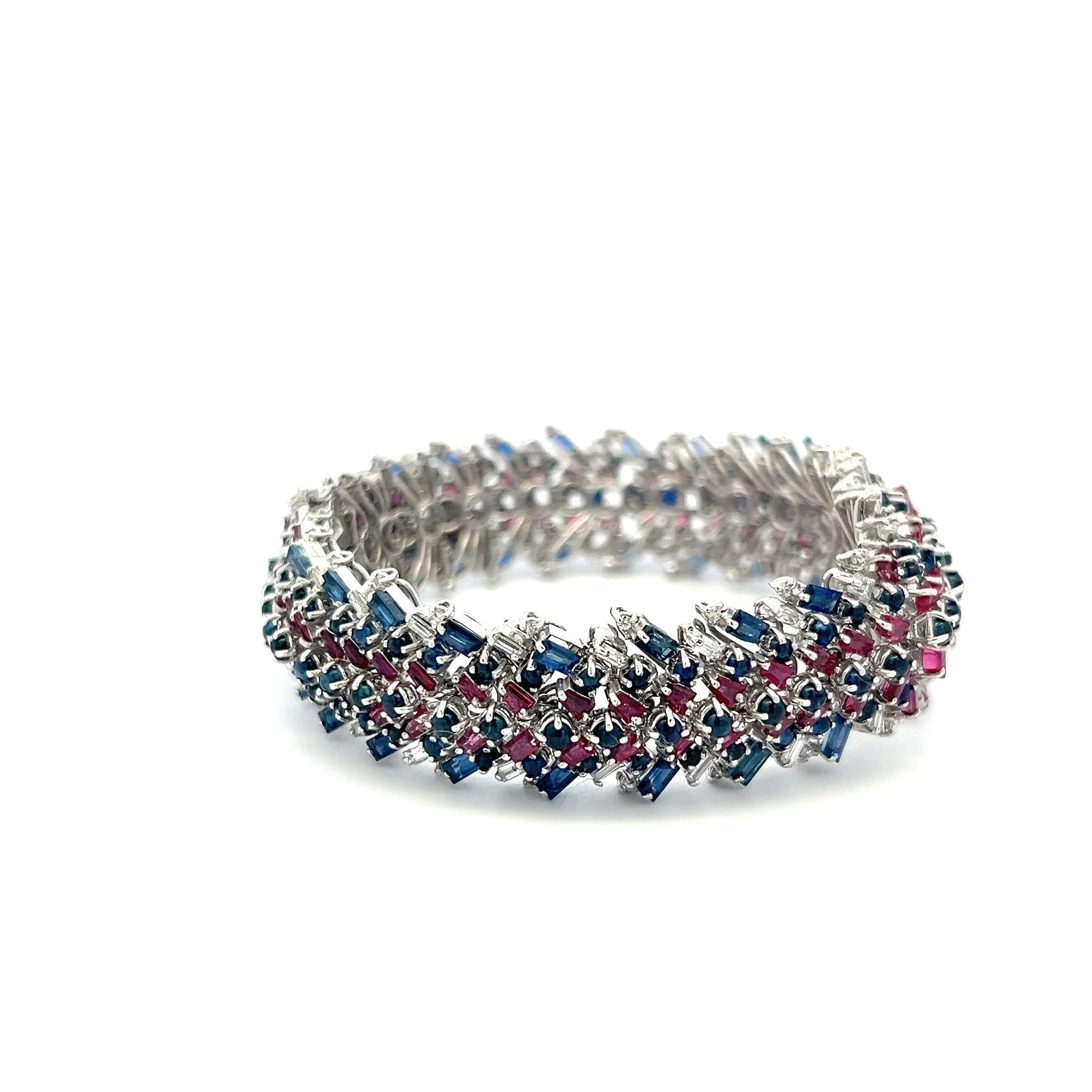 Estate 18K WG Link Bracelet with 1.88ct Diamonds 7.5ct Sapphire and 6ct Ruby