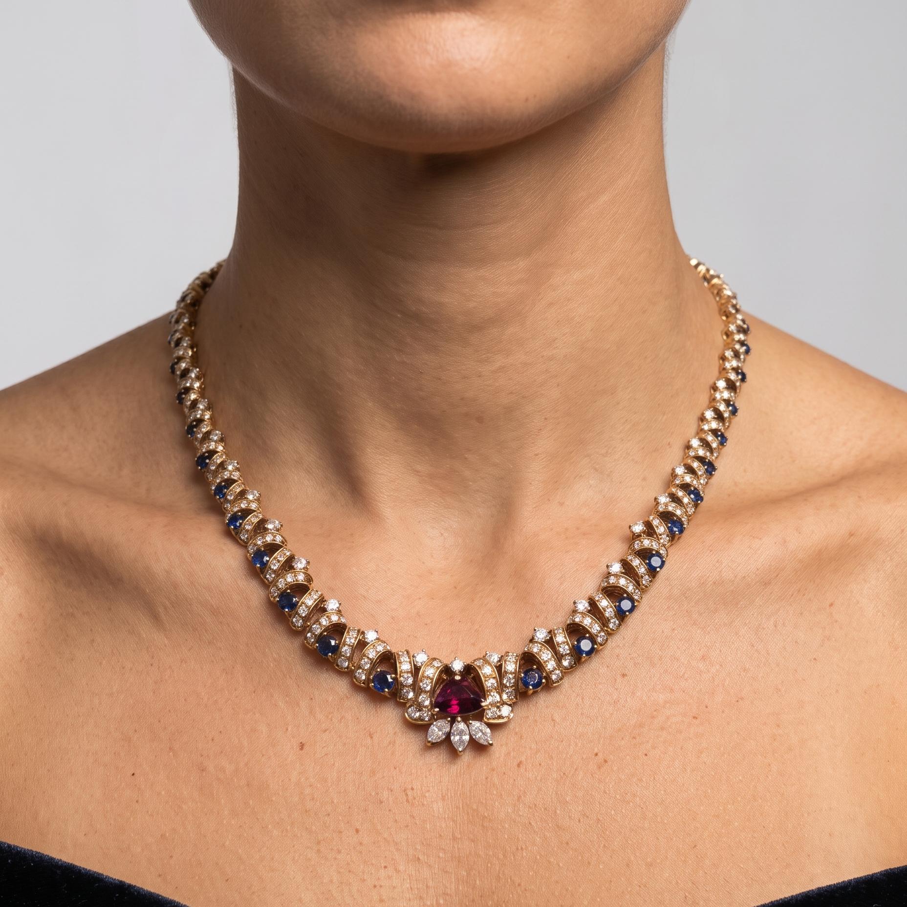 18K Yellow Gold Link Necklace with 7.7ct Diamonds 2ct Sapphire & 1ct Ruby 16 In