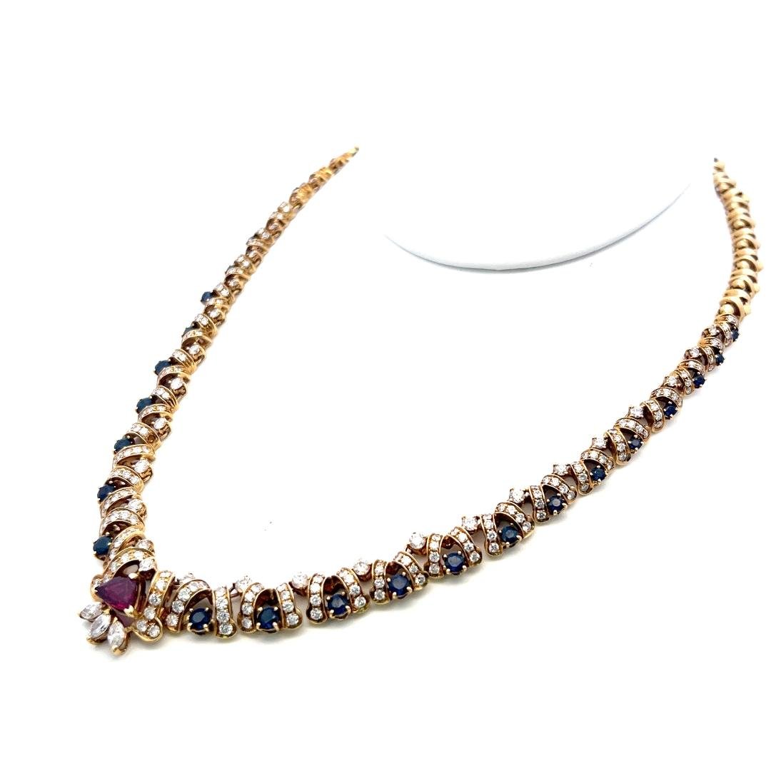 18K Yellow Gold Link Necklace with 7.7ct Diamonds 2ct Sapphire & 1ct Ruby 16 In