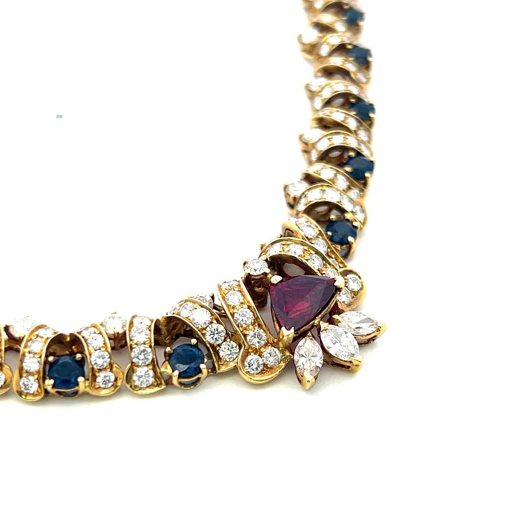18K Yellow Gold Link Necklace with 7.7ct Diamonds 2ct Sapphire & 1ct Ruby 16 In
