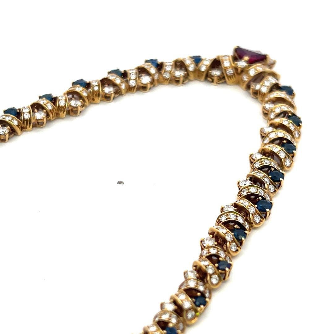 18K Yellow Gold Link Necklace with 7.7ct Diamonds 2ct Sapphire & 1ct Ruby 16 In