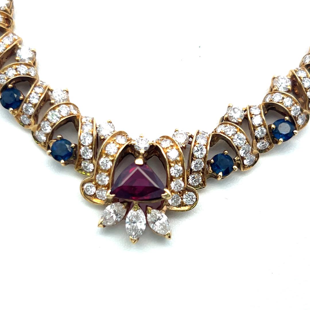 18K Yellow Gold Link Necklace with 7.7ct Diamonds 2ct Sapphire & 1ct Ruby 16 In