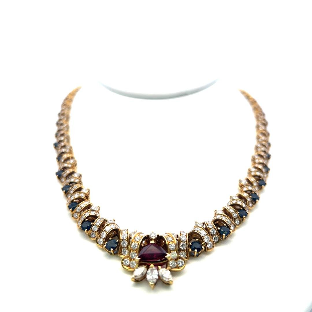 18K Yellow Gold Link Necklace with 7.7ct Diamonds 2ct Sapphire & 1ct Ruby 16 In