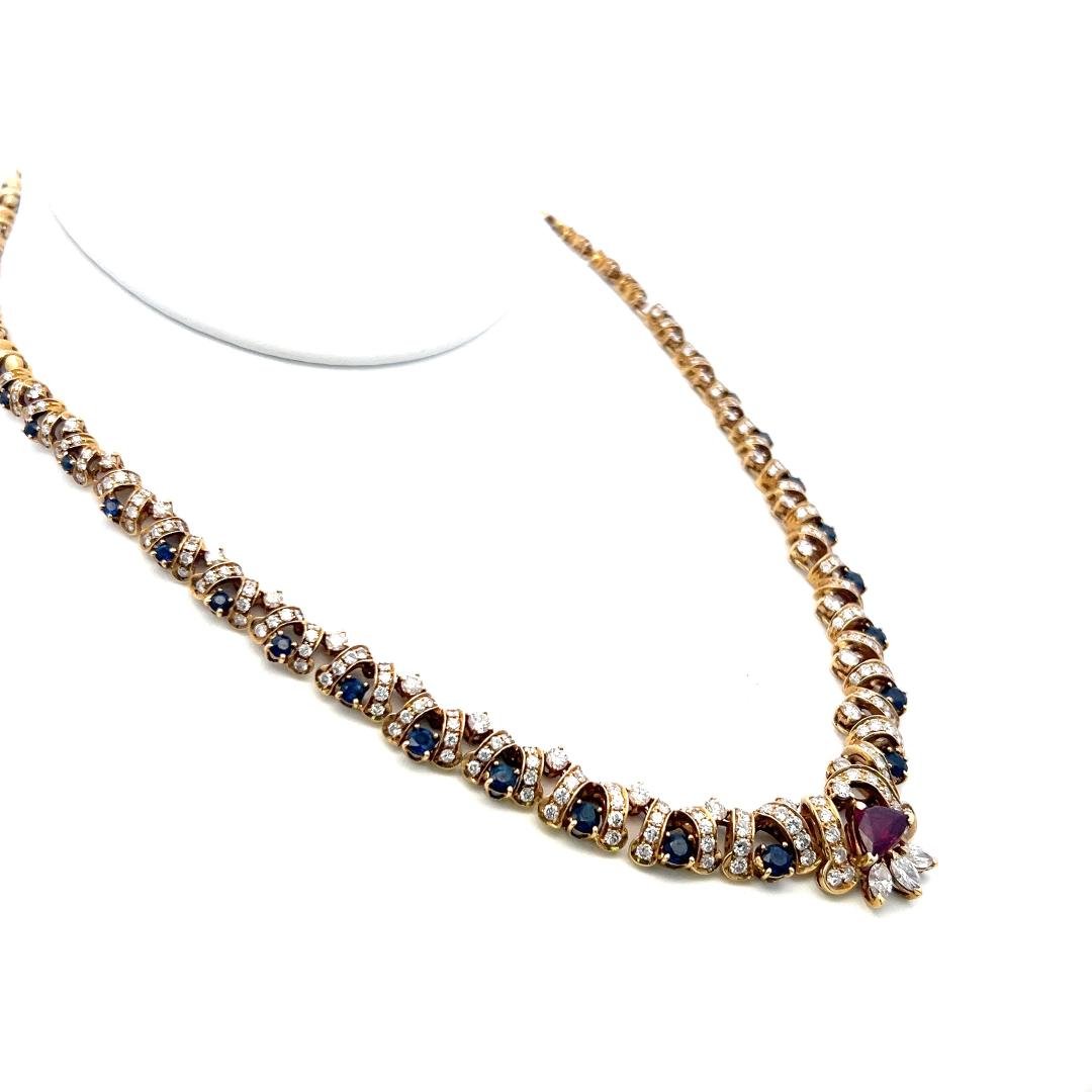 18K Yellow Gold Link Necklace with 7.7ct Diamonds 2ct Sapphire & 1ct Ruby 16 In
