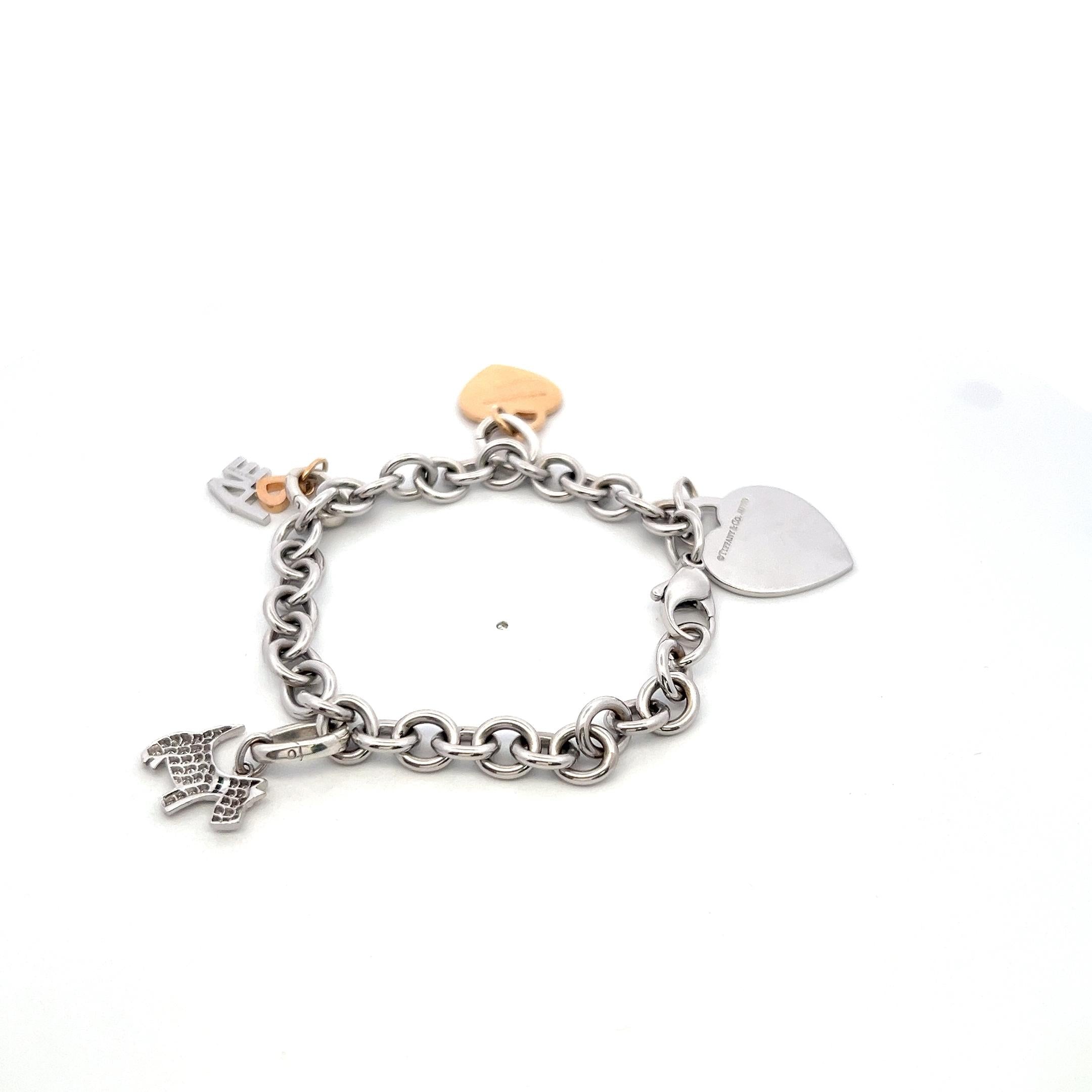 Tiffany & Co 18K Two Tone Gold Silver Charm Bracelet 1.2 Carat Round Diamonds