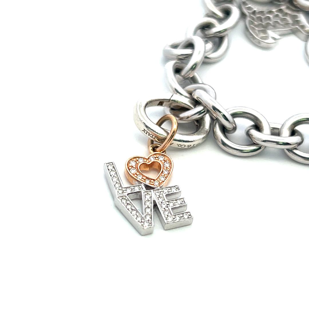 Tiffany & Co 18K Two Tone Gold Silver Charm Bracelet 1.2 Carat Round Diamonds