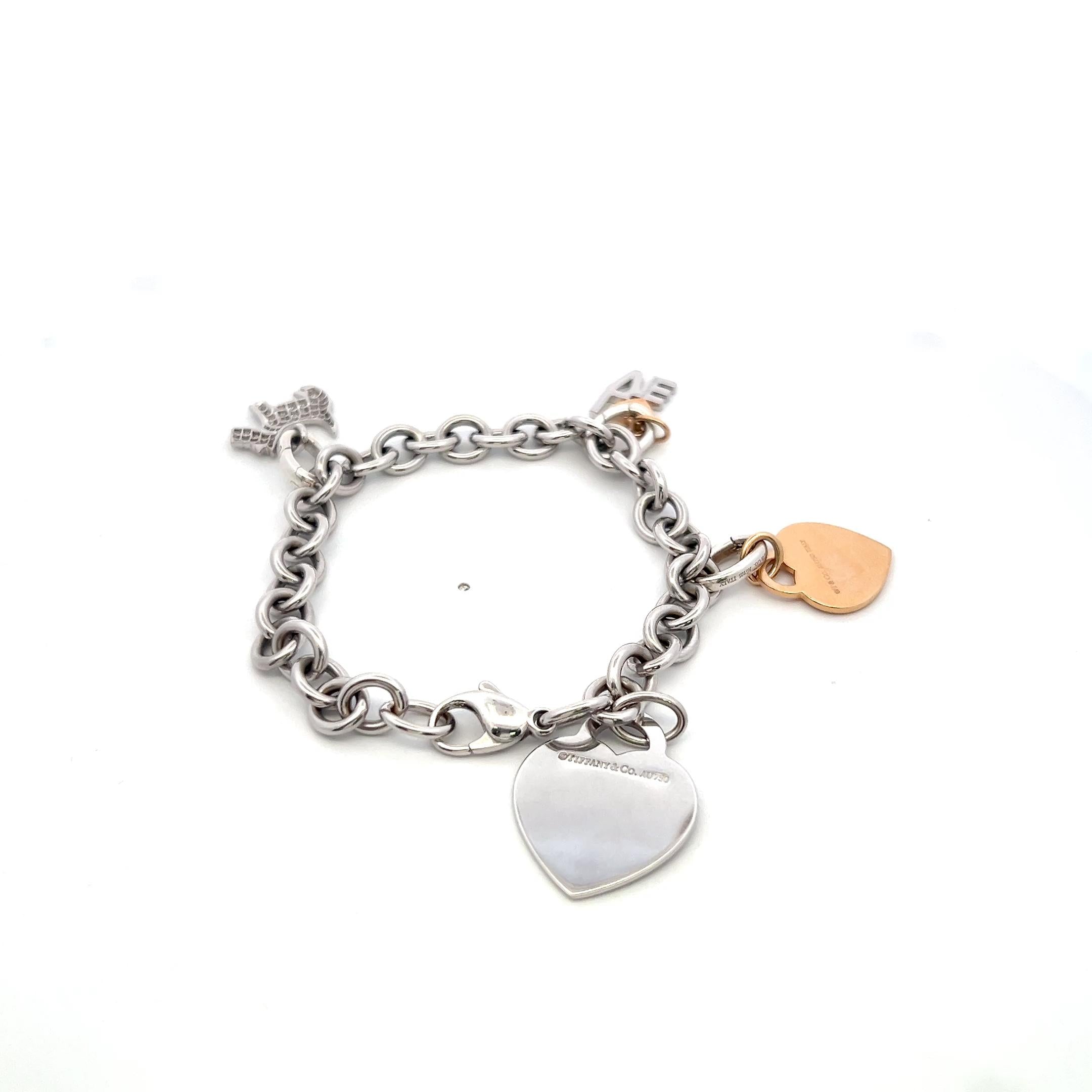 Tiffany & Co 18K Two Tone Gold Silver Charm Bracelet 1.2 Carat Round Diamonds