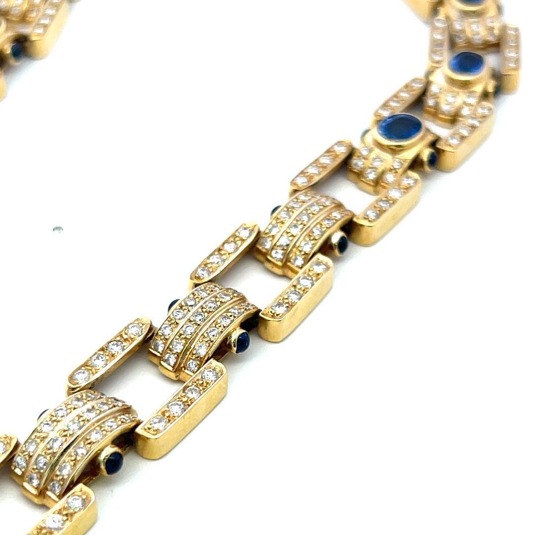 18K Yellow Gold Link Necklace with 11.5ct Round I SI Diamonds & 11.5ct Sapphires
