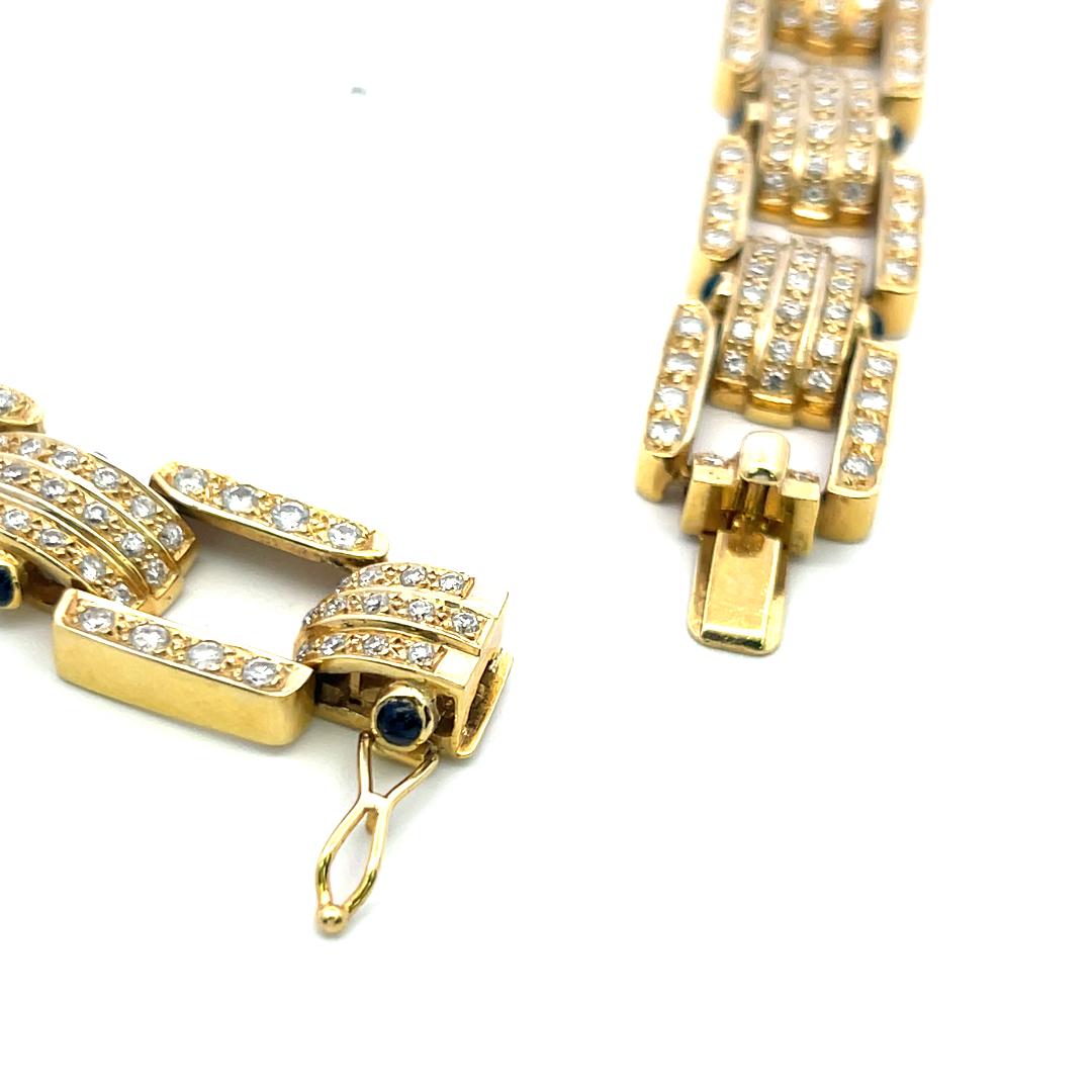 18K Yellow Gold Link Necklace with 11.5ct Round I SI Diamonds & 11.5ct Sapphires