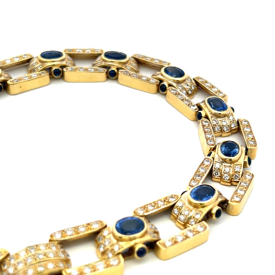 18K Yellow Gold Link Necklace with 11.5ct Round I SI Diamonds & 11.5ct Sapphires