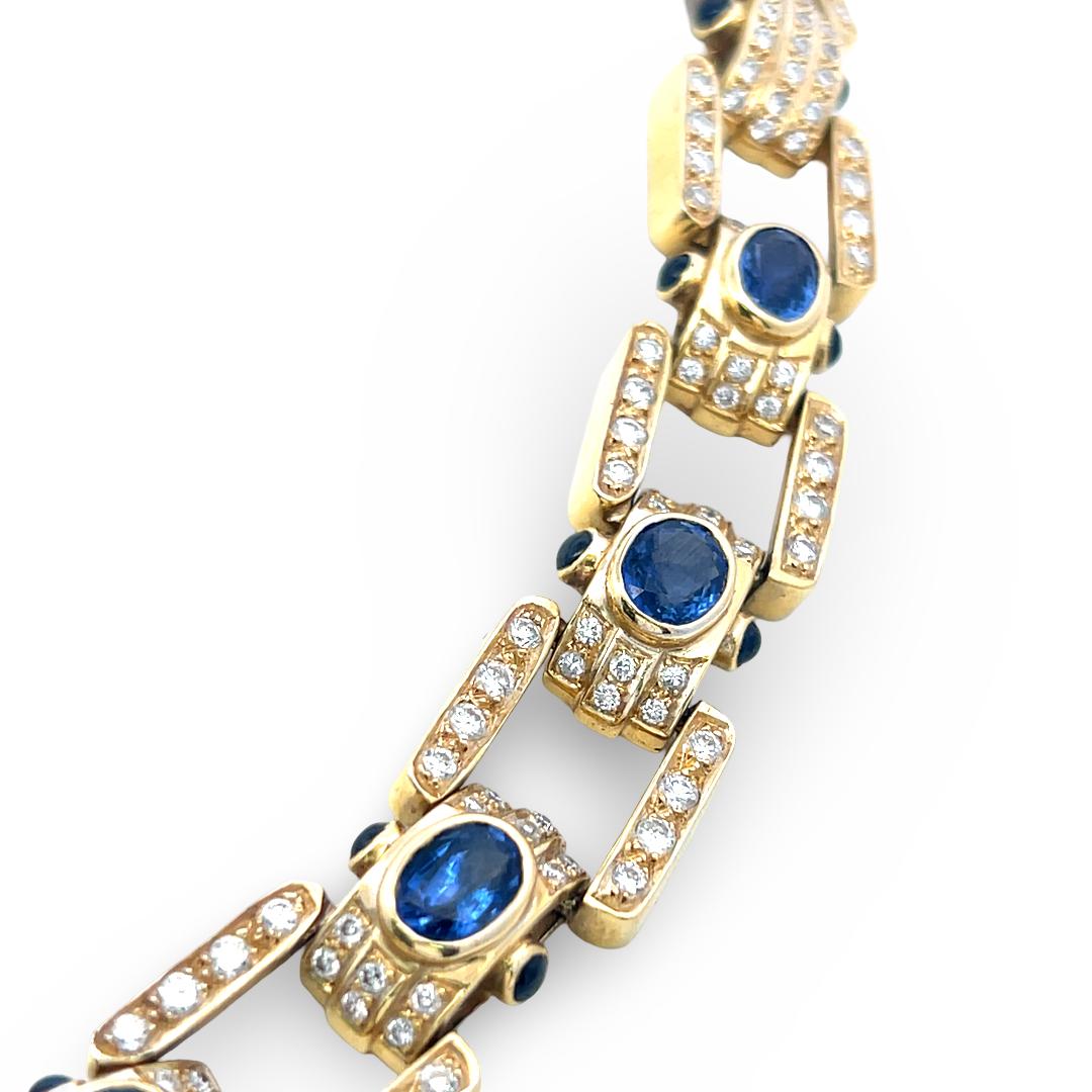 18K Yellow Gold Link Necklace with 11.5ct Round I SI Diamonds & 11.5ct Sapphires