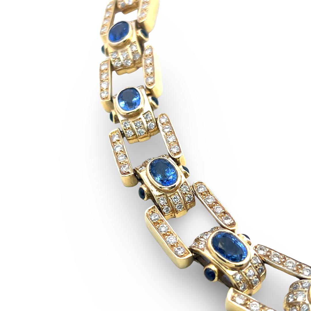 18K Yellow Gold Link Necklace with 11.5ct Round I SI Diamonds & 11.5ct Sapphires