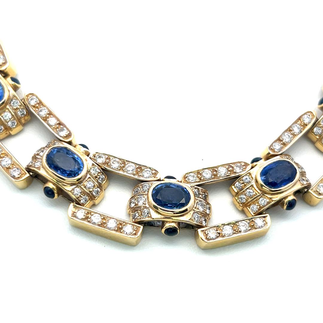 18K Yellow Gold Link Necklace with 11.5ct Round I SI Diamonds & 11.5ct Sapphires