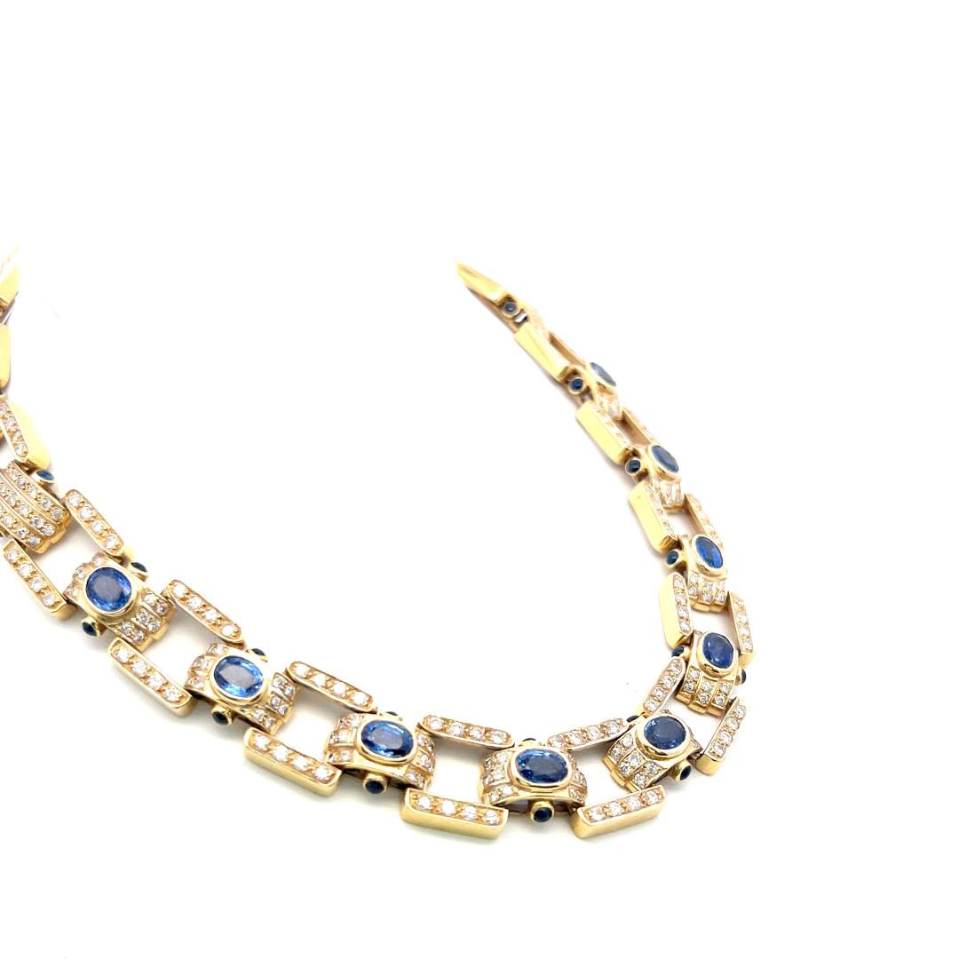 18K Yellow Gold Link Necklace with 11.5ct Round I SI Diamonds & 11.5ct Sapphires