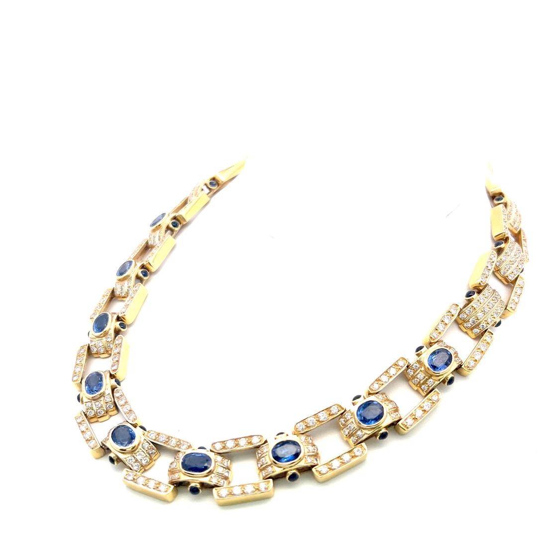 18K Yellow Gold Link Necklace with 11.5ct Round I SI Diamonds & 11.5ct Sapphires