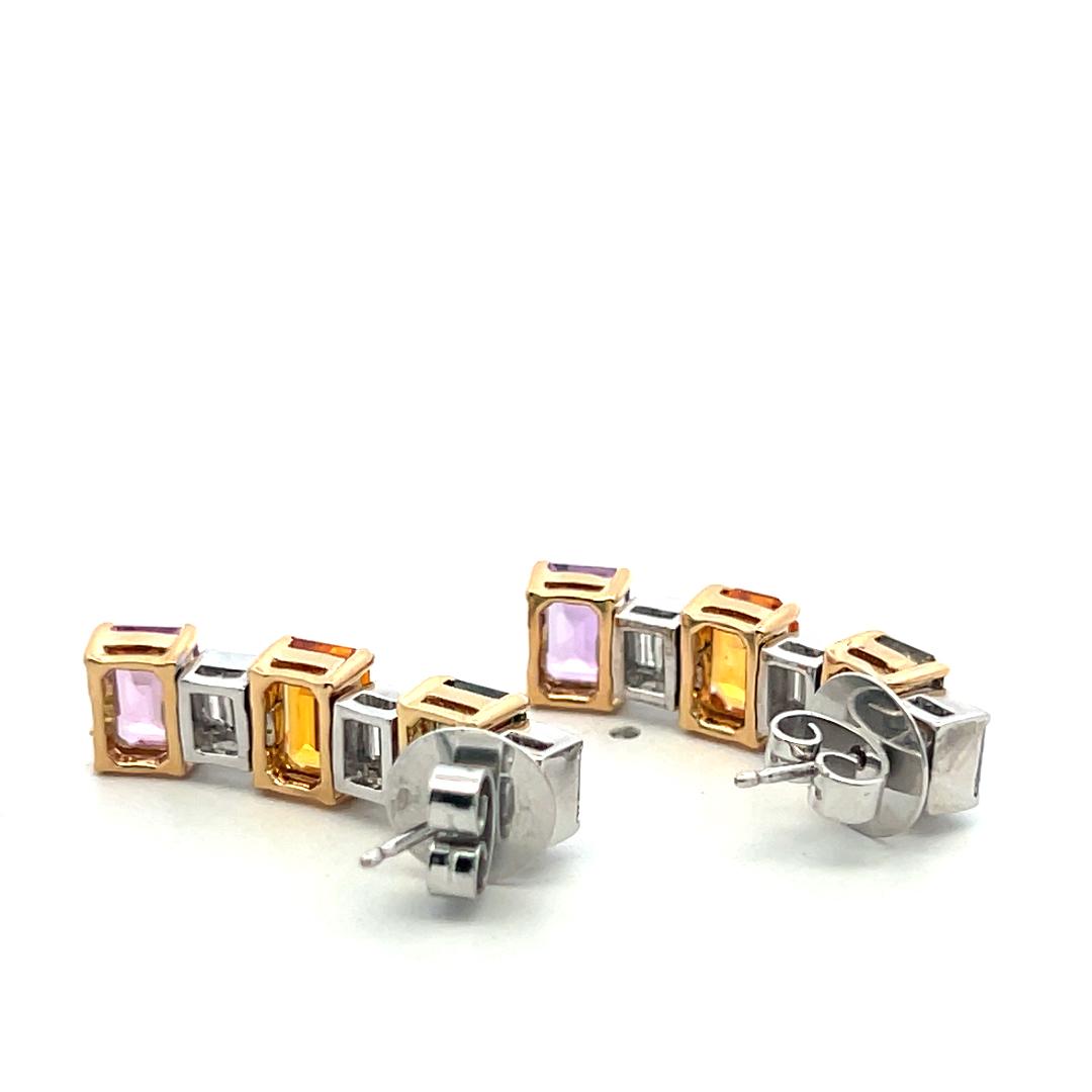 18K Two Tone Gold Drop Earrings with 1.2ct Baguette Diamonds & 6.36ct Sapphire