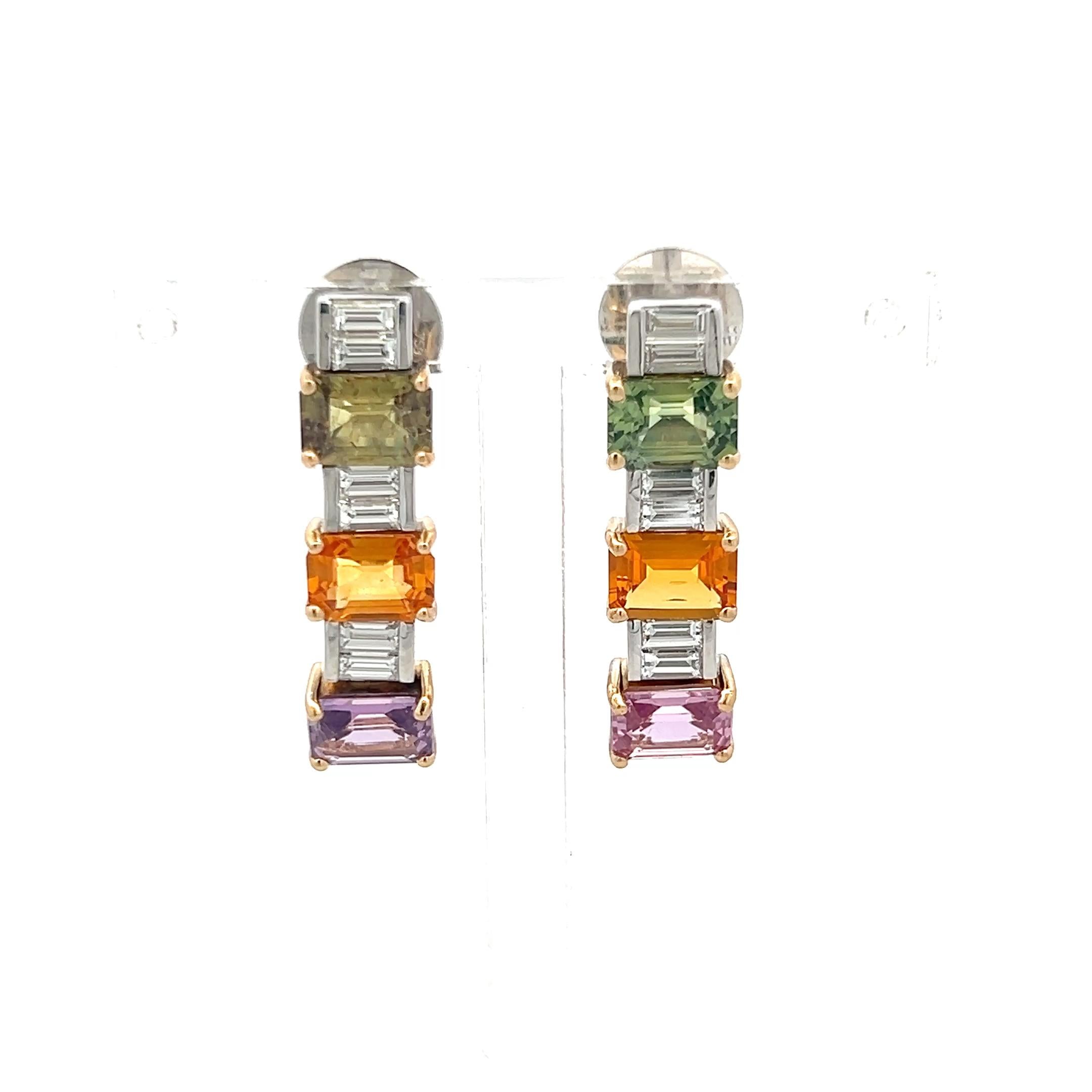18K Two Tone Gold Drop Earrings with 1.2ct Baguette Diamonds & 6.36ct Sapphire