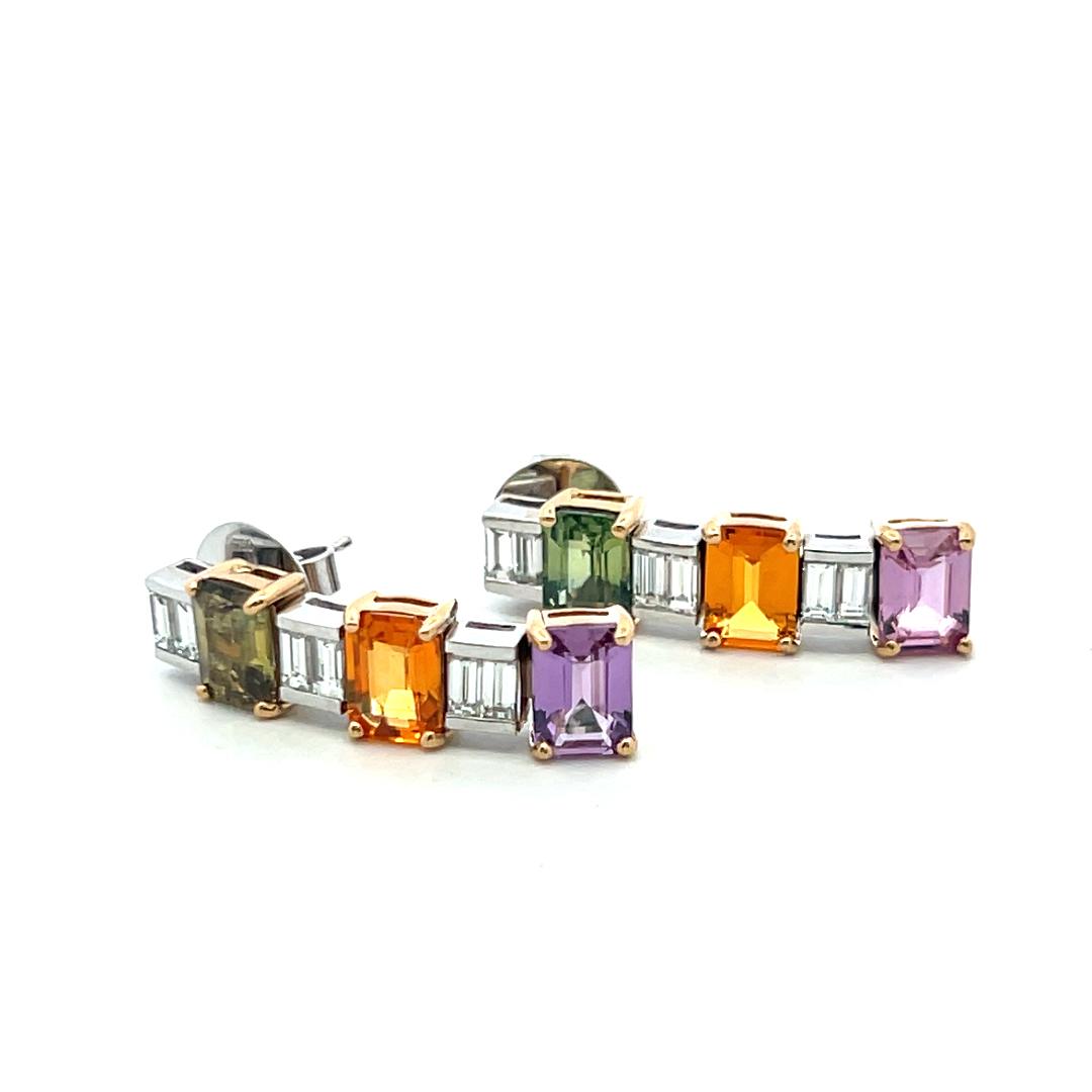 18K Two Tone Gold Drop Earrings with 1.2ct Baguette Diamonds & 6.36ct Sapphire