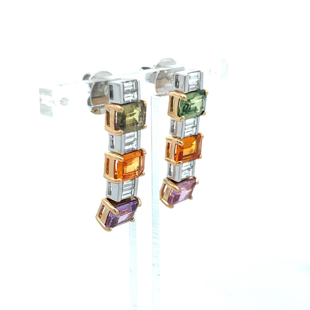 18K Two Tone Gold Drop Earrings with 1.2ct Baguette Diamonds & 6.36ct Sapphire