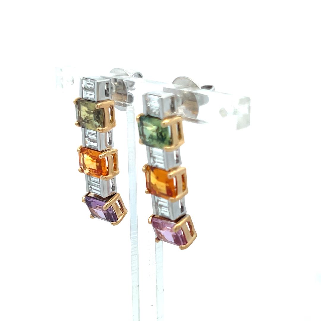 18K Two Tone Gold Drop Earrings with 1.2ct Baguette Diamonds & 6.36ct Sapphire