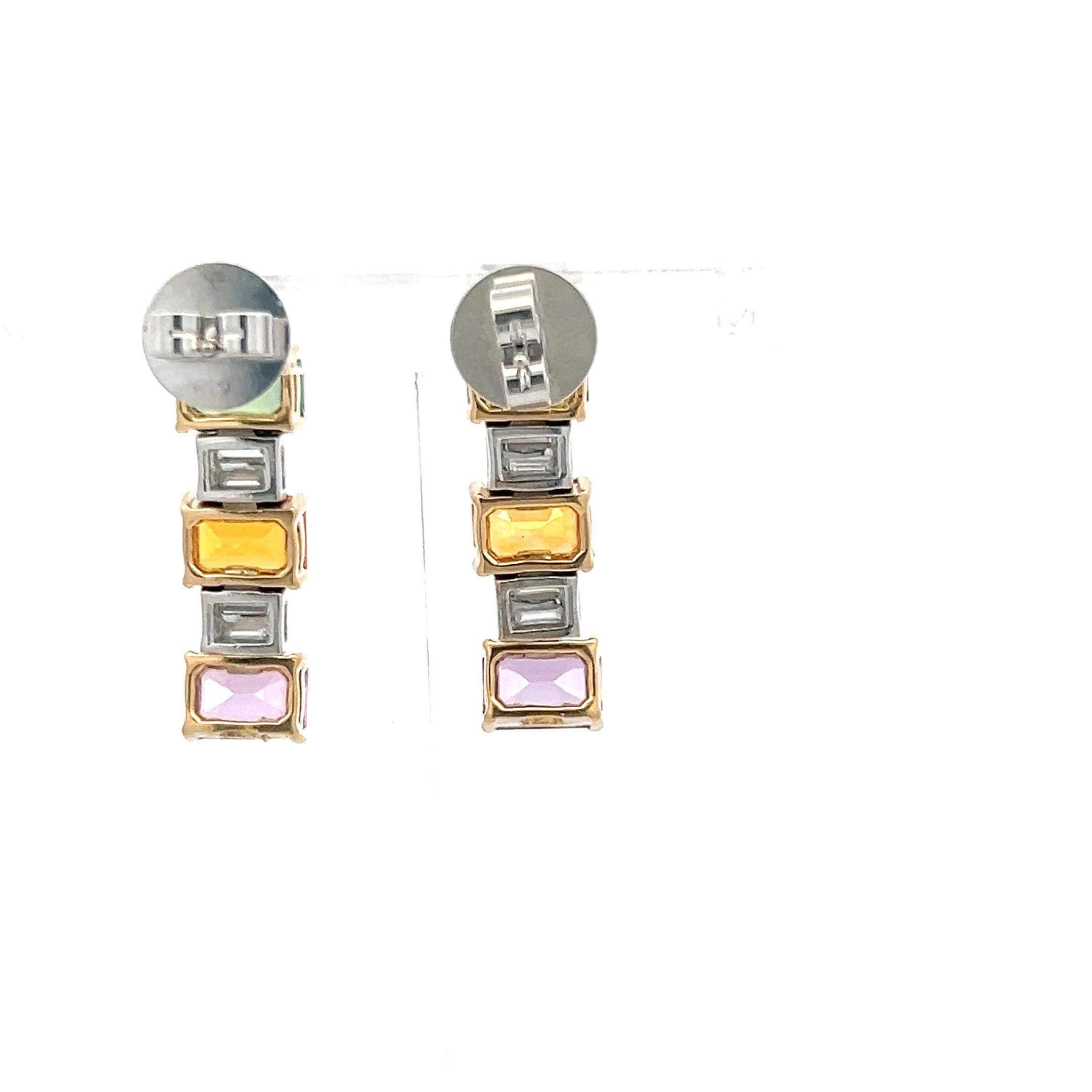 18K Two Tone Gold Drop Earrings with 1.2ct Baguette Diamonds & 6.36ct Sapphire