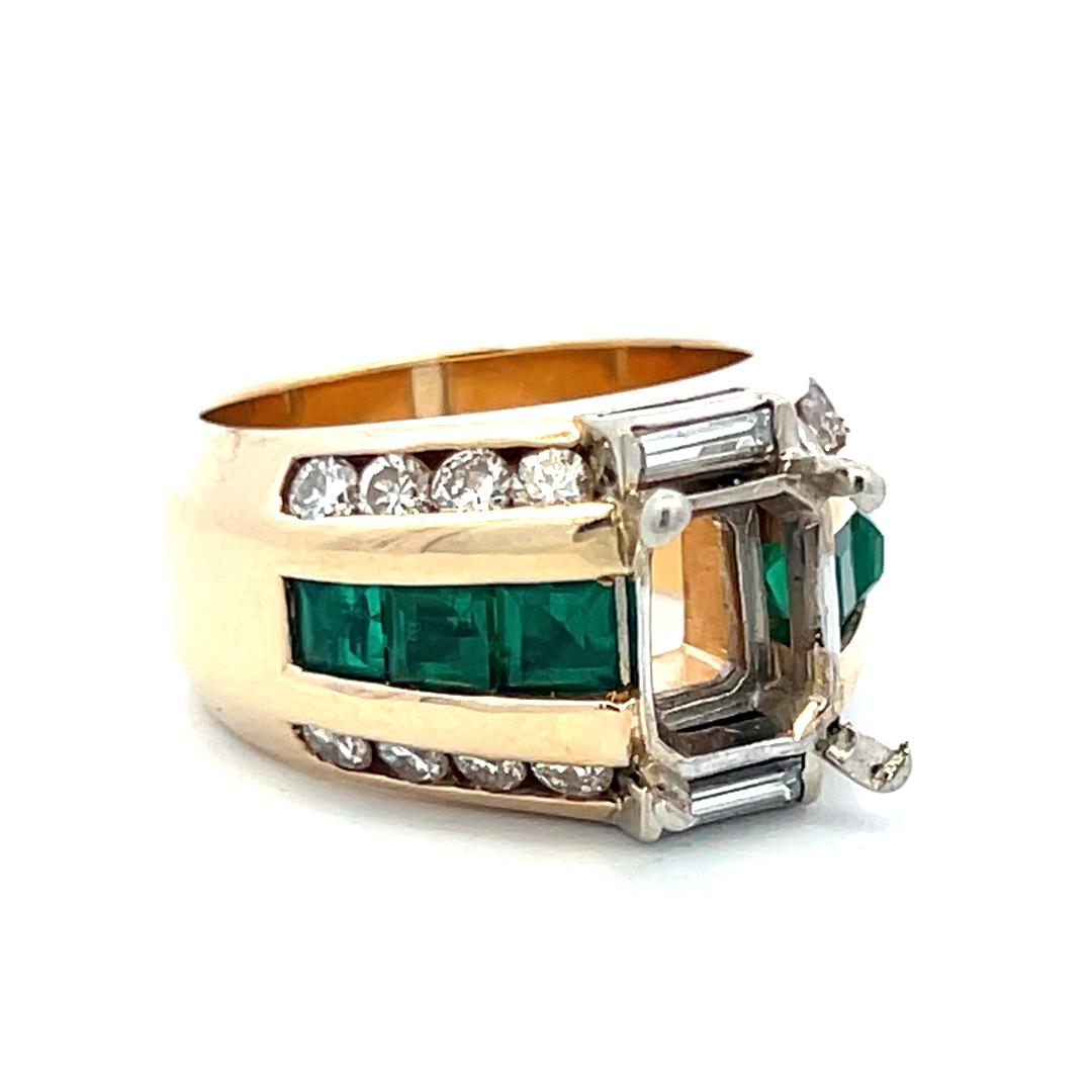 18K Yellow Gold Semi Mount Ring 0.8ct Round Diamonds & 1ct Emerald Fits 9x7mm