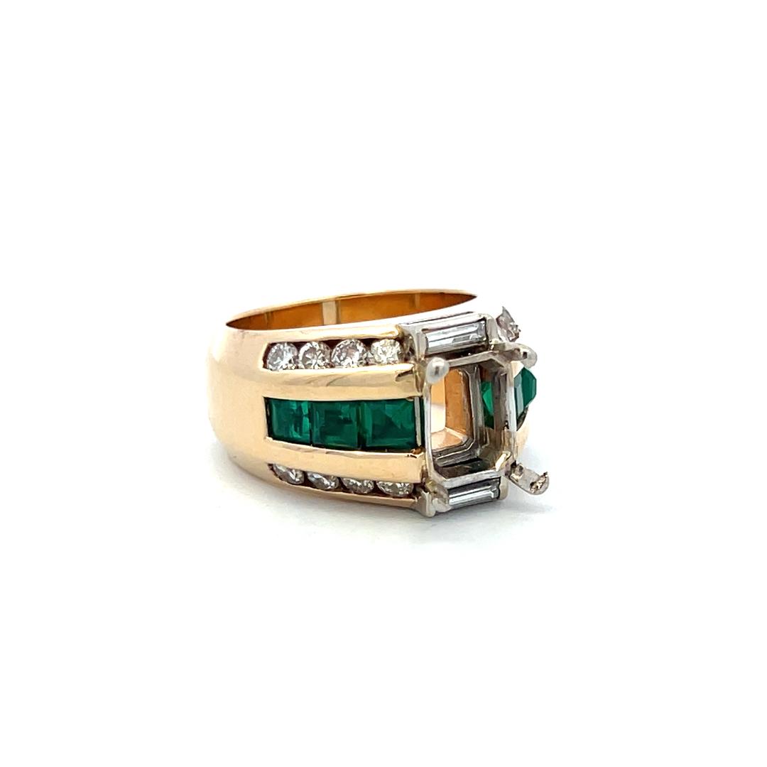 18K Yellow Gold Semi Mount Ring 0.8ct Round Diamonds & 1ct Emerald Fits 9x7mm
