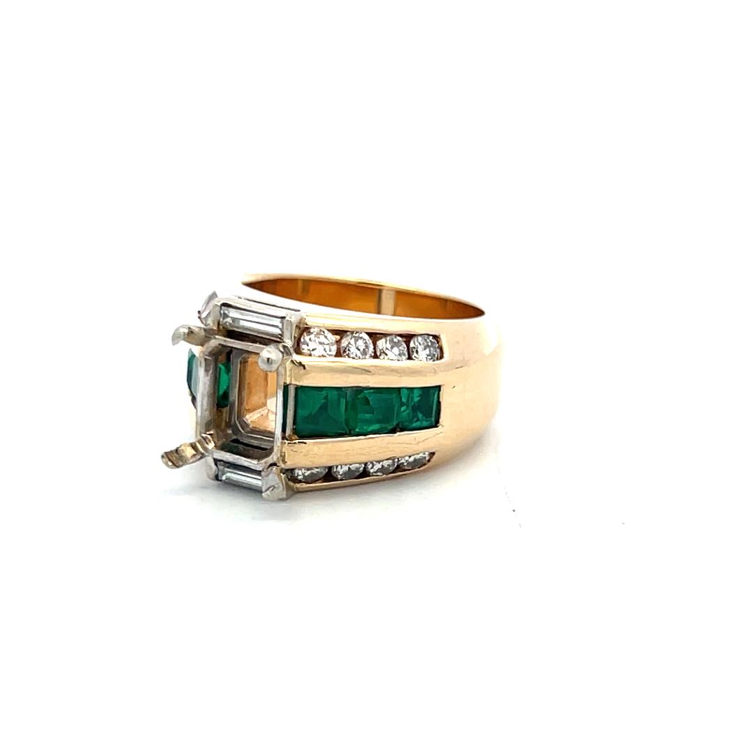 18K Yellow Gold Semi Mount Ring 0.8ct Round Diamonds & 1ct Emerald Fits 9x7mm