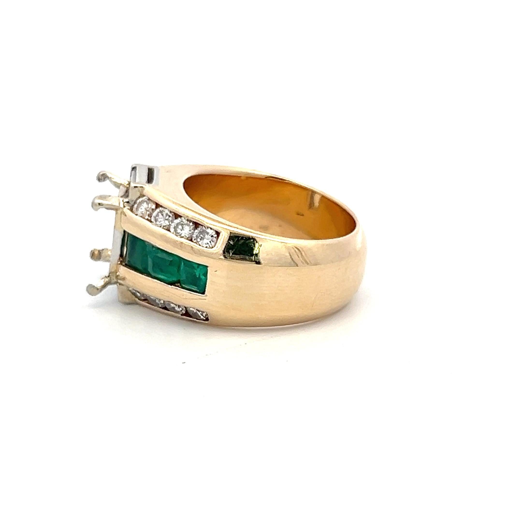 18K Yellow Gold Semi Mount Ring 0.8ct Round Diamonds & 1ct Emerald Fits 9x7mm