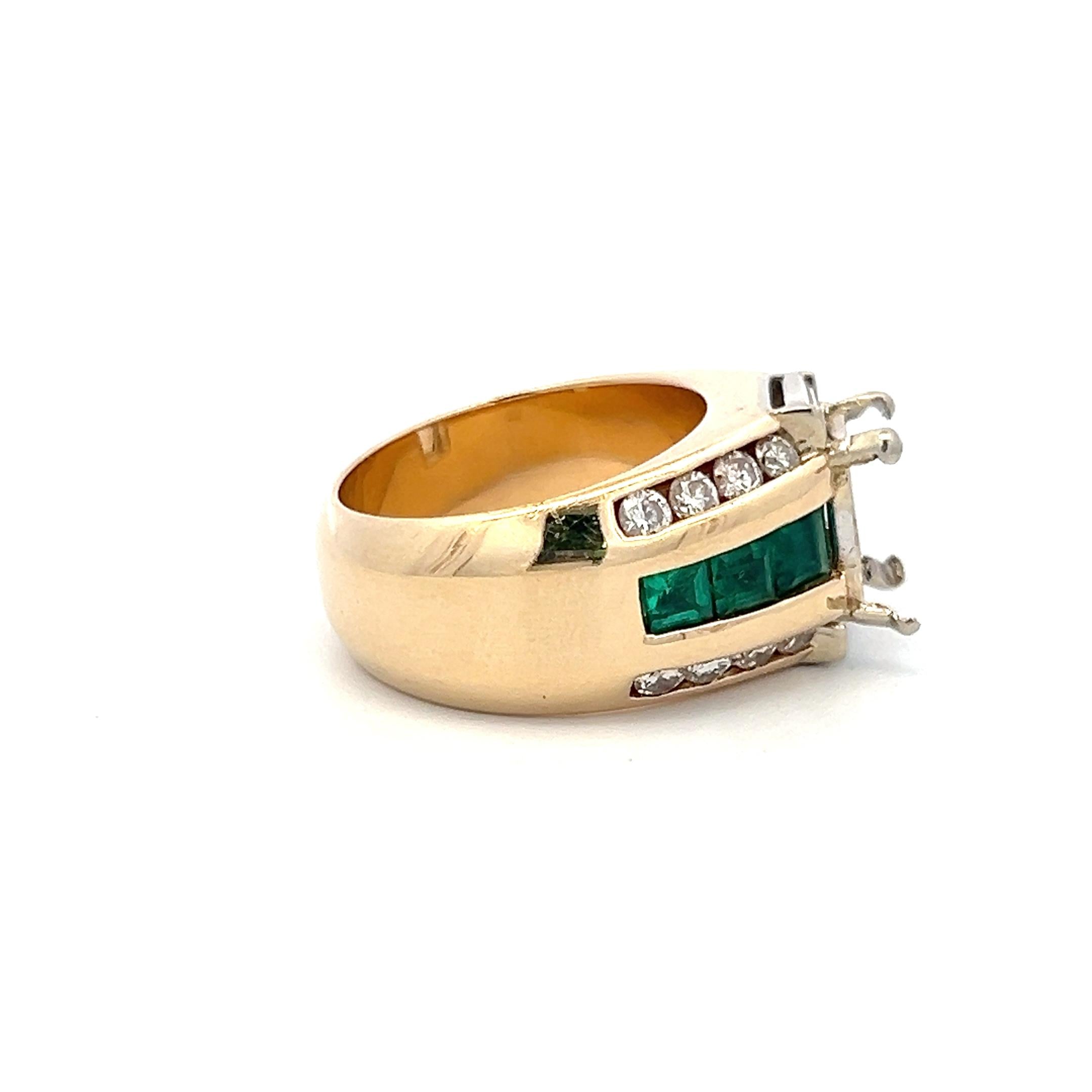 18K Yellow Gold Semi Mount Ring 0.8ct Round Diamonds & 1ct Emerald Fits 9x7mm