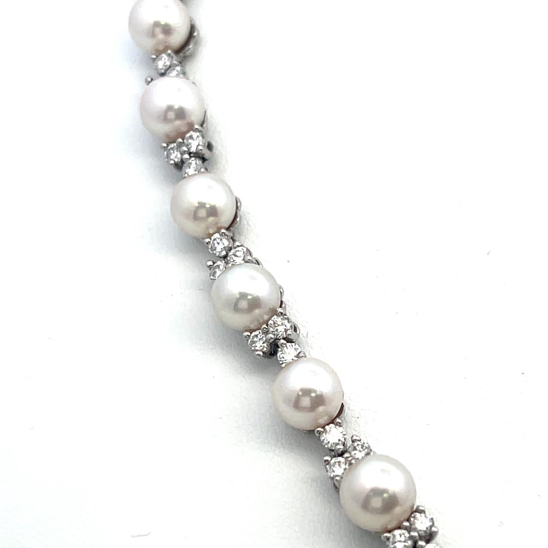 Platinum Link Necklace & Bracelet Set with 4.7ct Round F VS Diamonds & Pearls