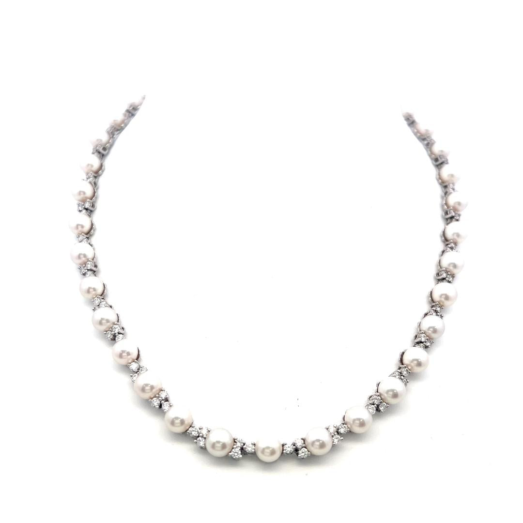 Platinum Link Necklace & Bracelet Set with 4.7ct Round F VS Diamonds & Pearls