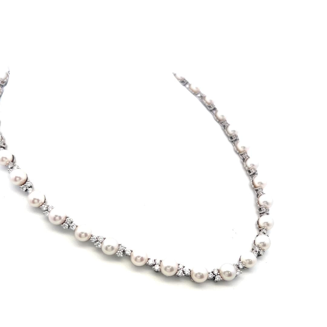Platinum Link Necklace & Bracelet Set with 4.7ct Round F VS Diamonds & Pearls