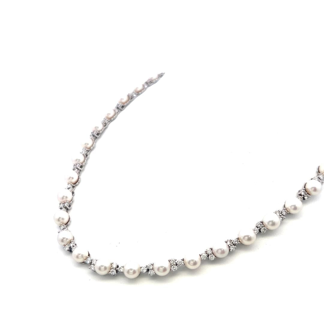 Platinum Link Necklace & Bracelet Set with 4.7ct Round F VS Diamonds & Pearls