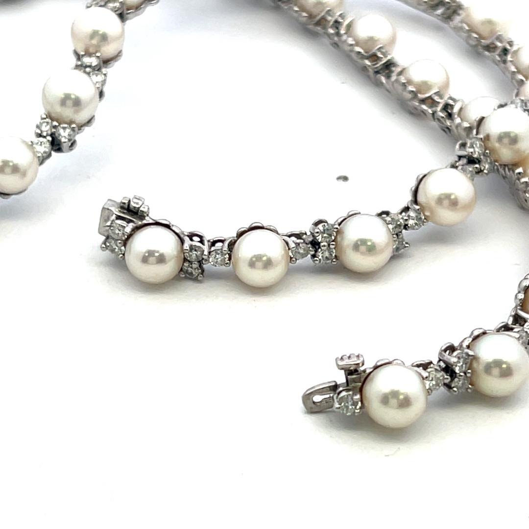 Platinum Link Necklace & Bracelet Set with 4.7ct Round F VS Diamonds & Pearls