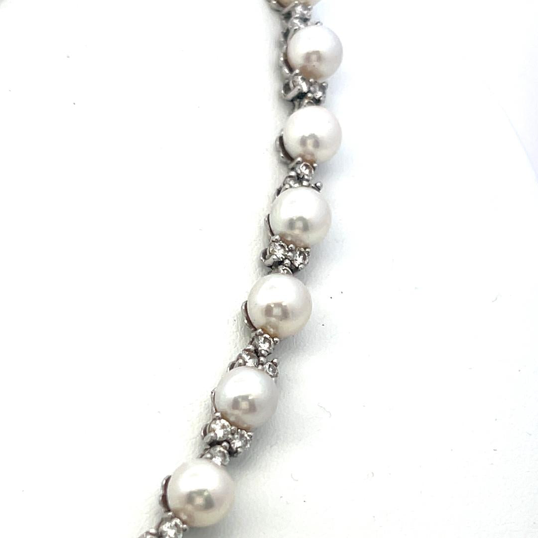 Platinum Link Necklace & Bracelet Set with 4.7ct Round F VS Diamonds & Pearls
