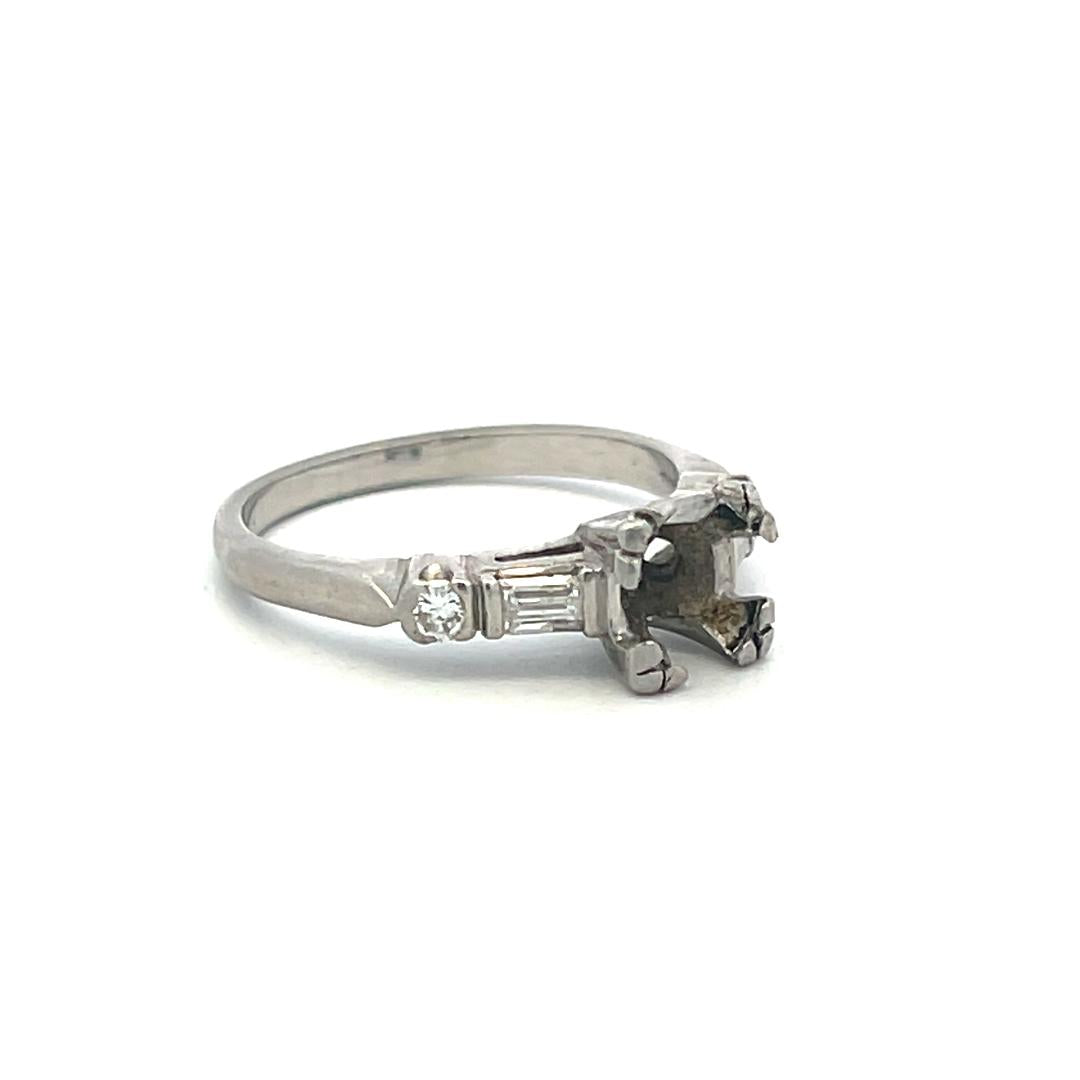 Platinum Semi Mount Ring with 0.12ct Baguette & Old European Diamonds Fits 6.3mm