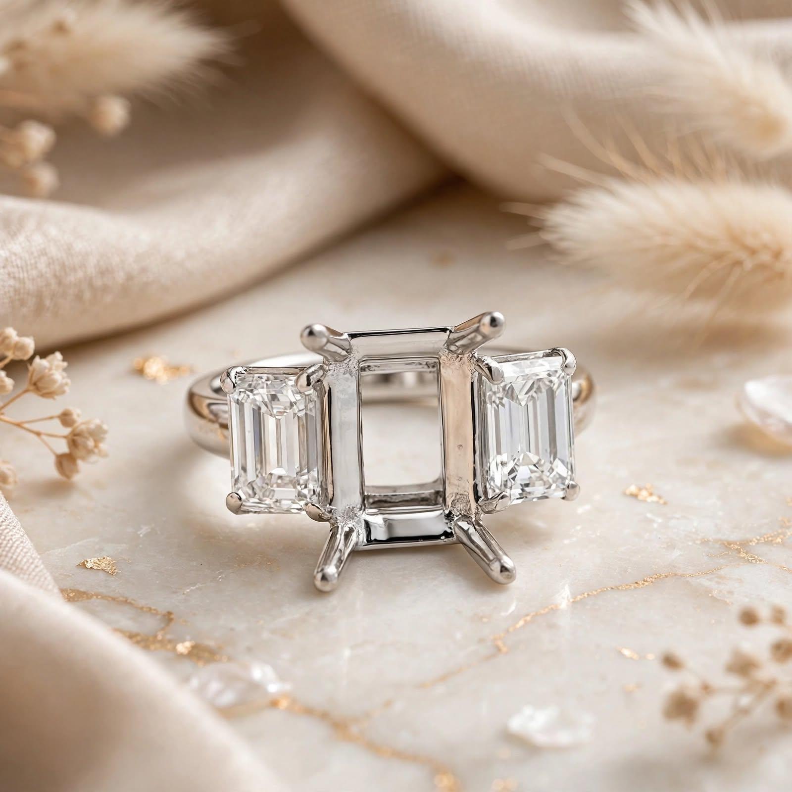 Platinum Semi Mount Ring with 1.95ct Emerald Cut Diamonds Fits 14.1x10.3mm GIA