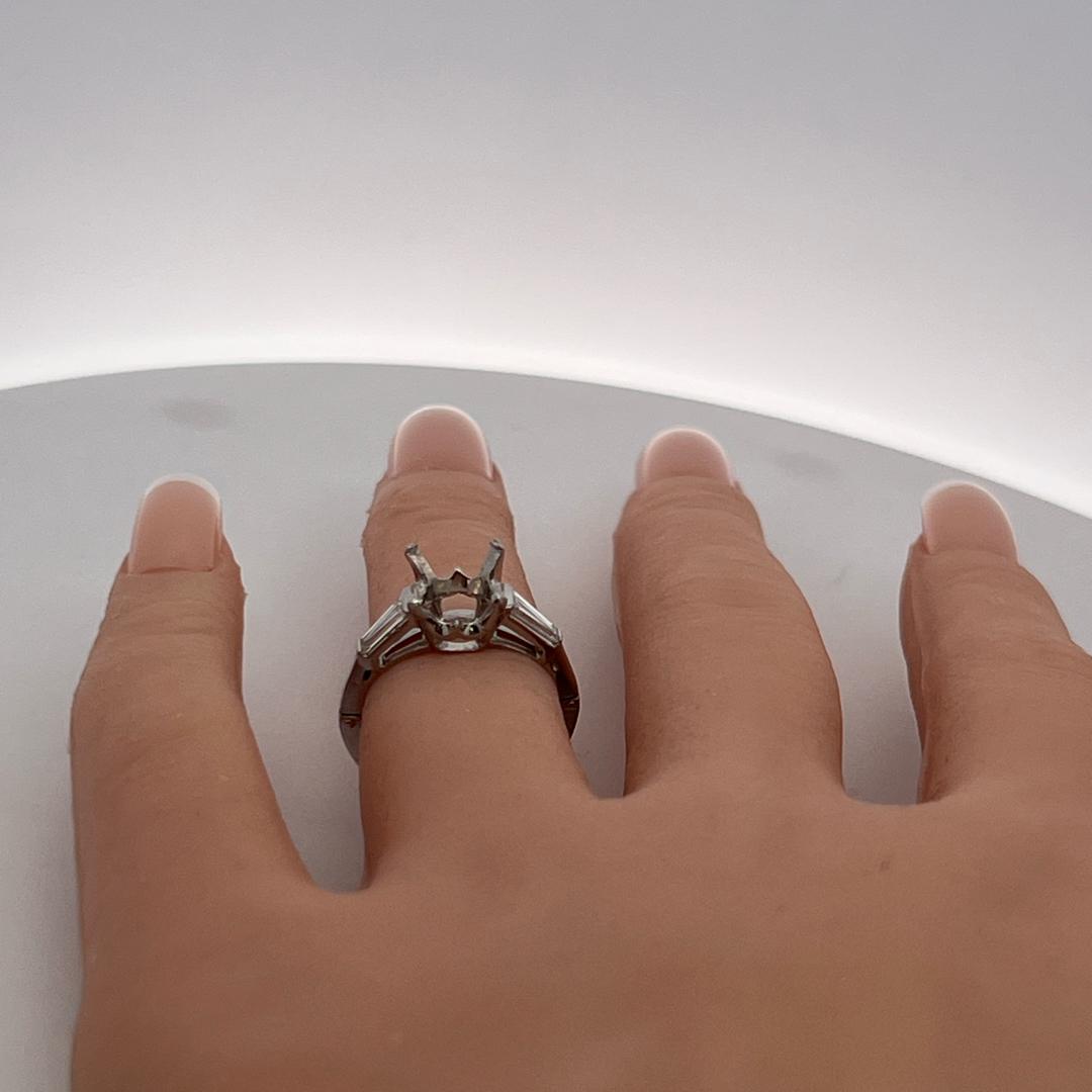Platinum Semi Mount Ring with 0.3ct Tapered Baguette Diamonds Fits 8.6mm 2.5 ct+