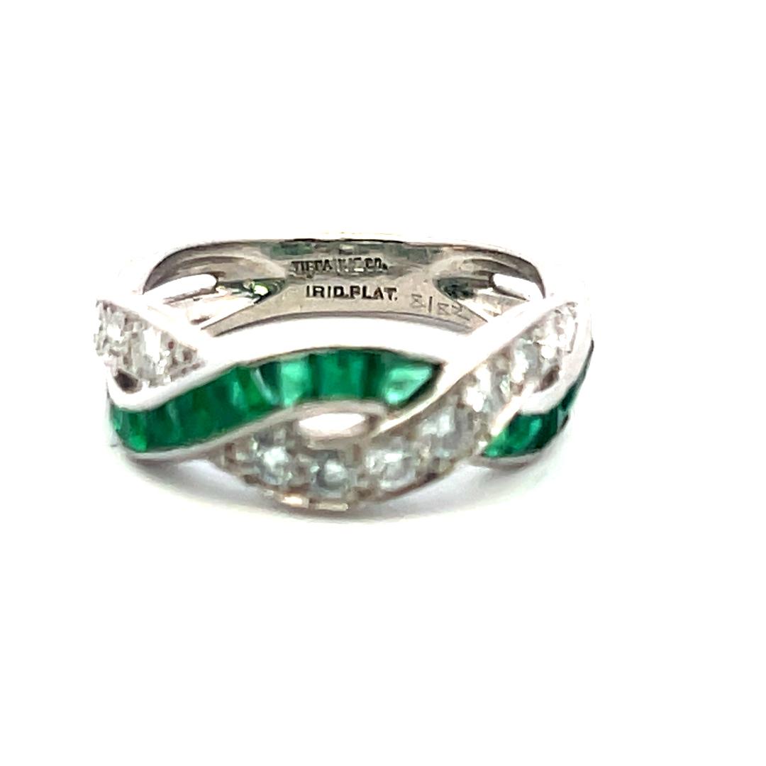 Tiffany & Co Platinum Band Ring 0.33ct Round F VS1 Diamond 0.7ct Emerald Size5.5