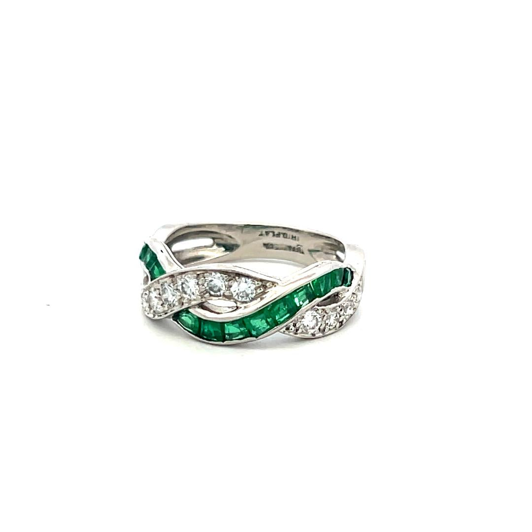Tiffany & Co Platinum Band Ring 0.33ct Round F VS1 Diamond 0.7ct Emerald Size5.5