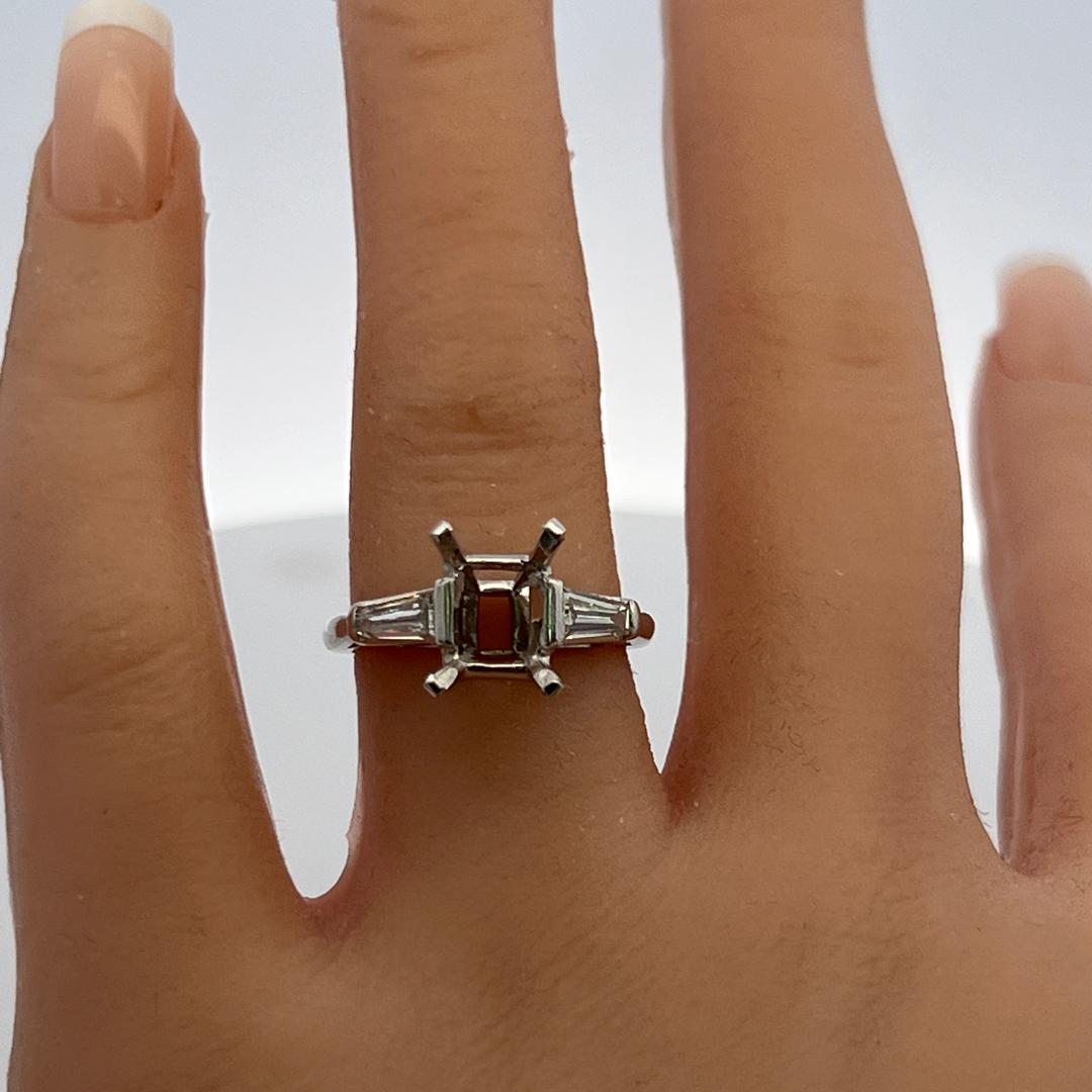 Platinum Semi Mount Ring with 0.4ct Tapered Baguette Diamonds Fits 9.6x7.2mm