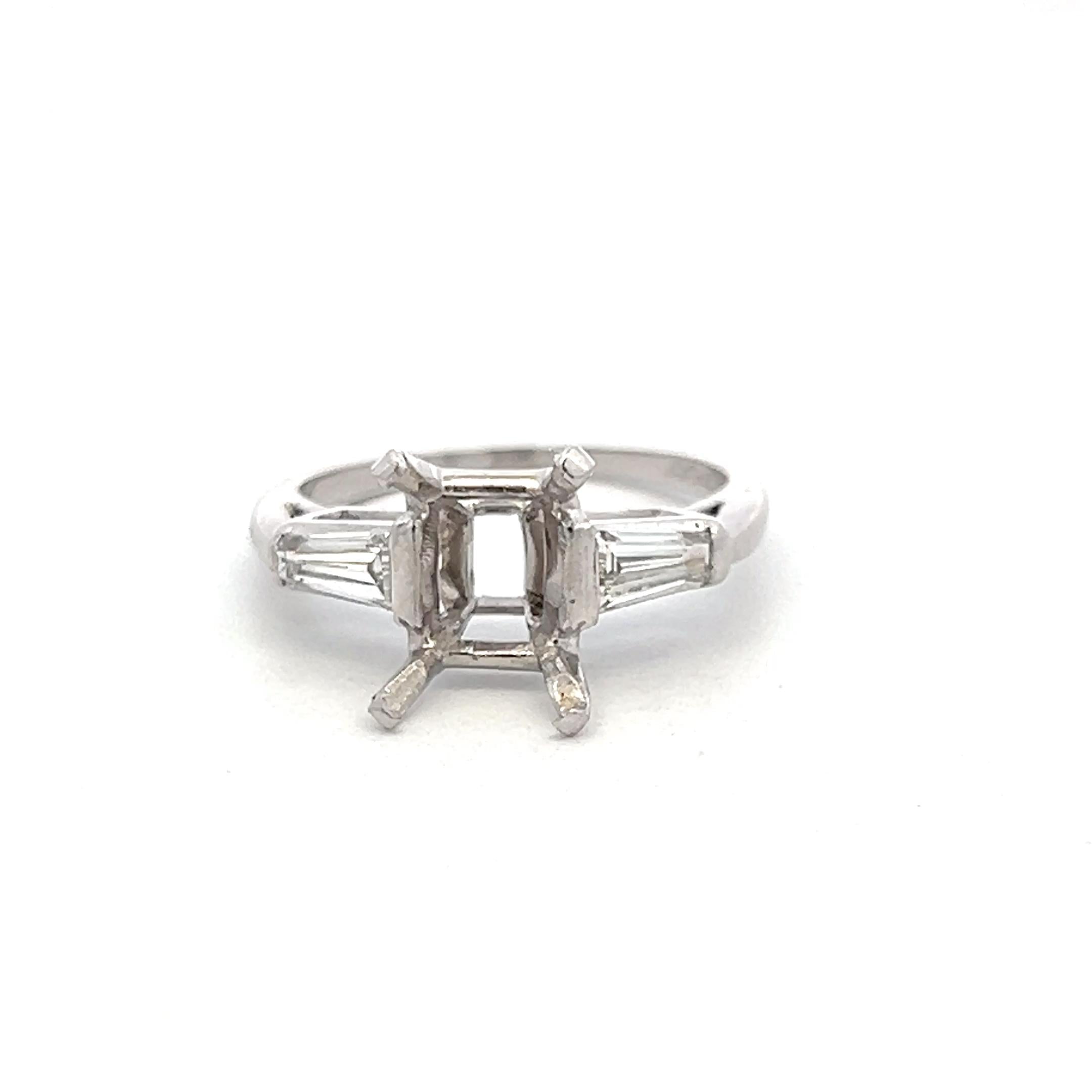Platinum Semi Mount Ring with 0.4ct Tapered Baguette Diamonds Fits 9.6x7.2mm