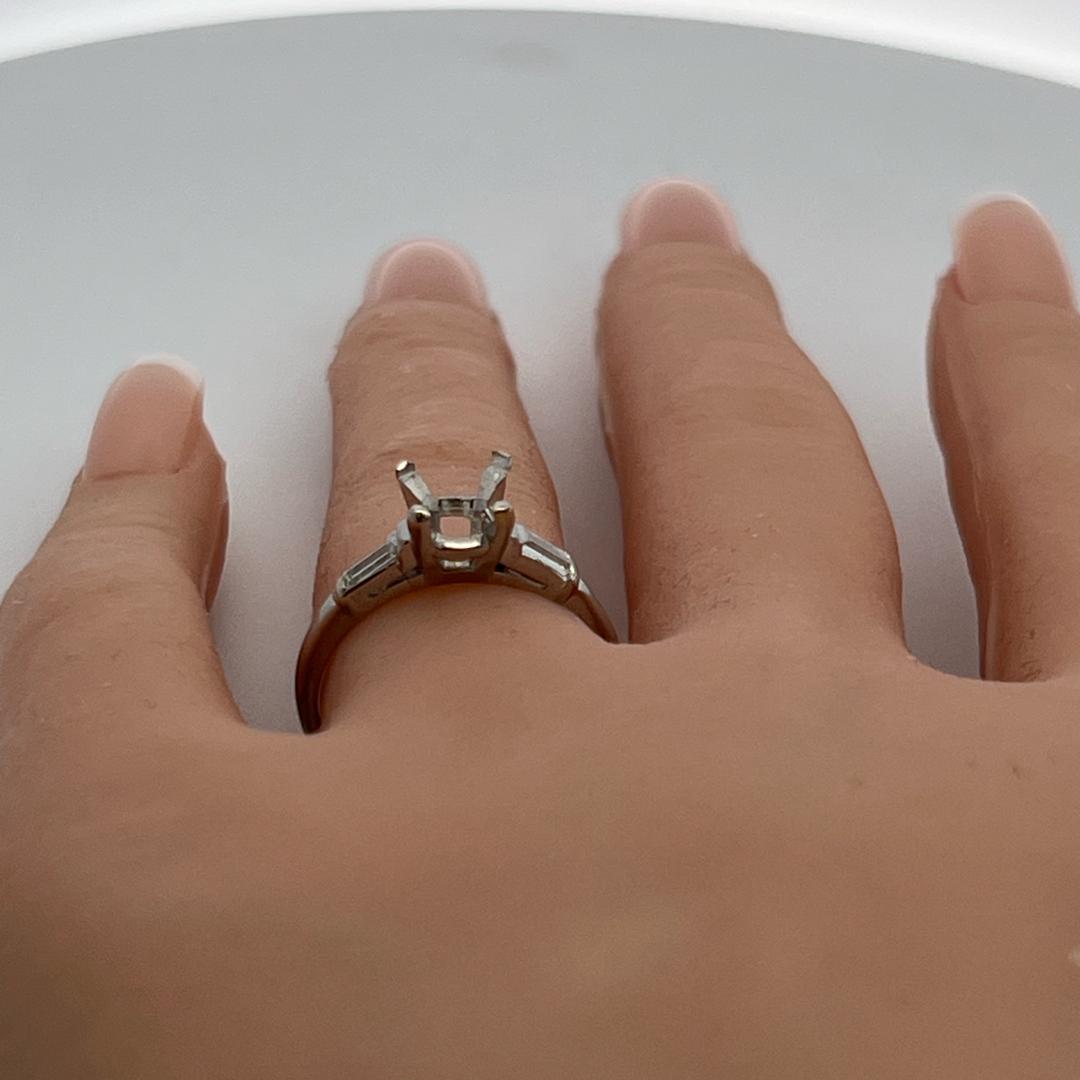 Platinum Semi Mount Ring with 0.14ct Tapered Baguette Diamonds Fits 6.5mm 1.00ct