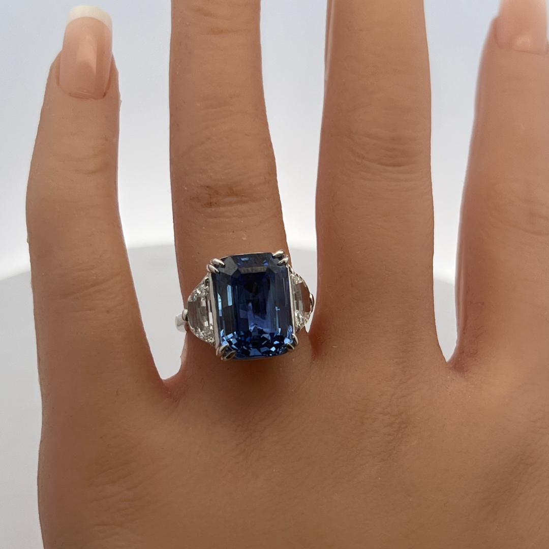 Platinum Three-Stone Ring 1.35ct Half Moon Shape Diamonds 11.57ct Sapphire GIA
